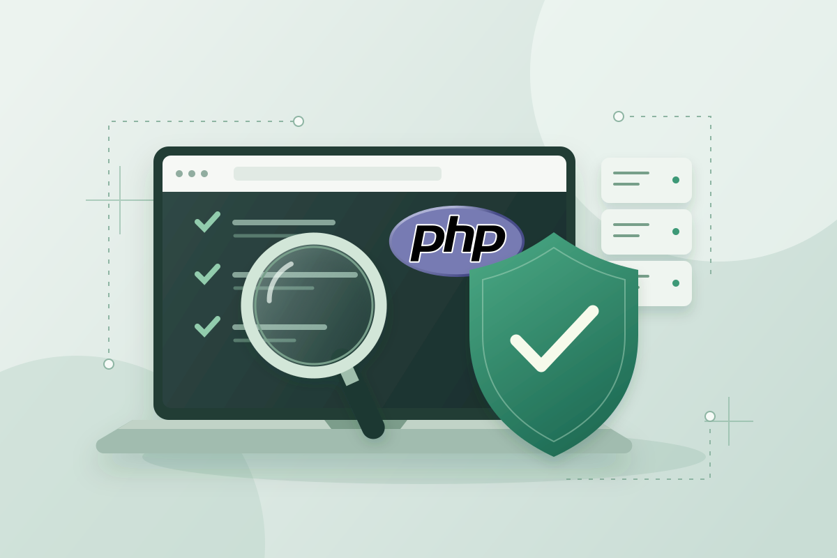 PHPのロゴと、Webサイトを確認する虫眼鏡・盾を描いたセキュリティ診断のイラスト